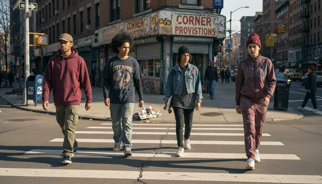 Urban youth in streetwear on busy city street