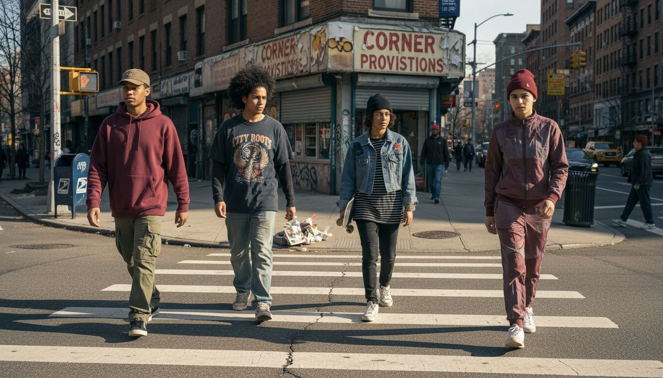 Urban youth in streetwear on busy city street