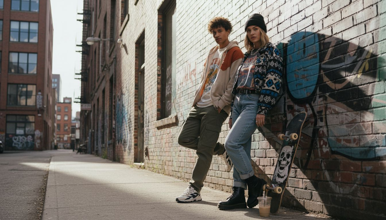 Trendy young adults in streetwear by graffiti wall