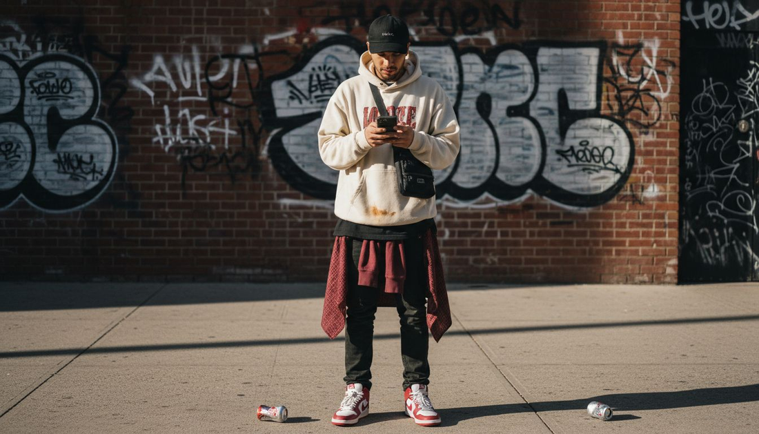 Man wearing essential urban streetwear outfit