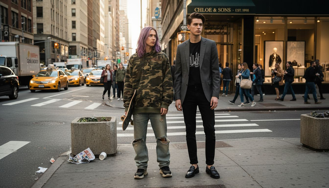 Two fashion-forward youths at city crosswalk